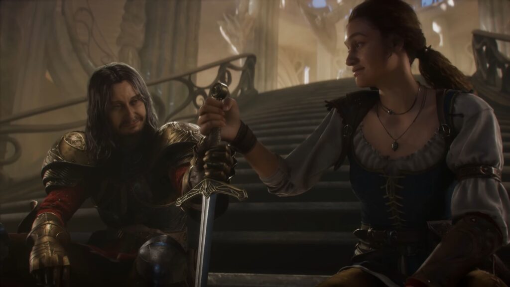 A knight and a young woman share a quiet moment with a sword inside a grand hall in Kingdom Come Deliverance II