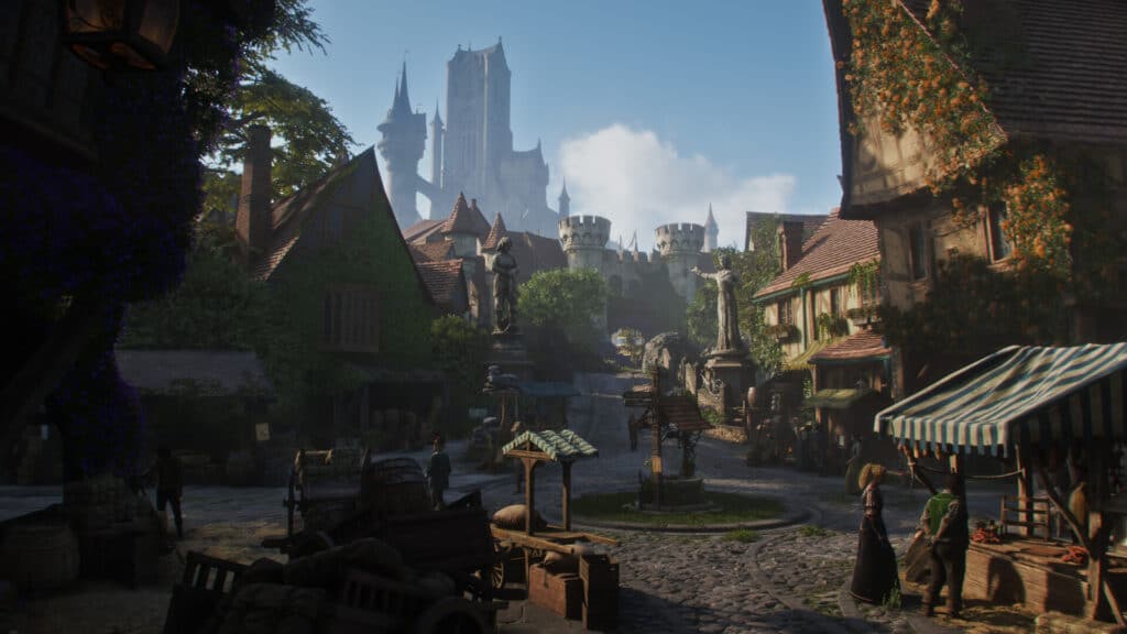 A lively medieval town square in Fable with stone streets market stalls and a towering castle in the background