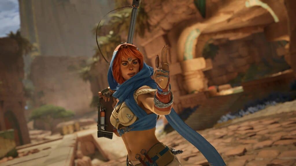 A red haired fighter raises her hand mid motion during a combat moment in Highguard