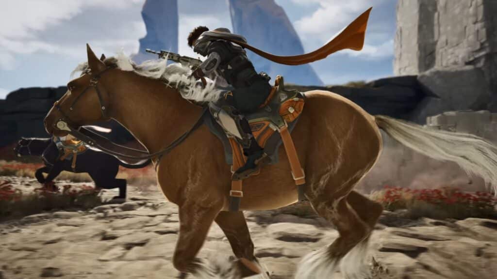 A character in futuristic armor rides a brown horse across a rocky landscape in the video game Highguard. Another black horse is nearby, and large alien-like structures are in the background