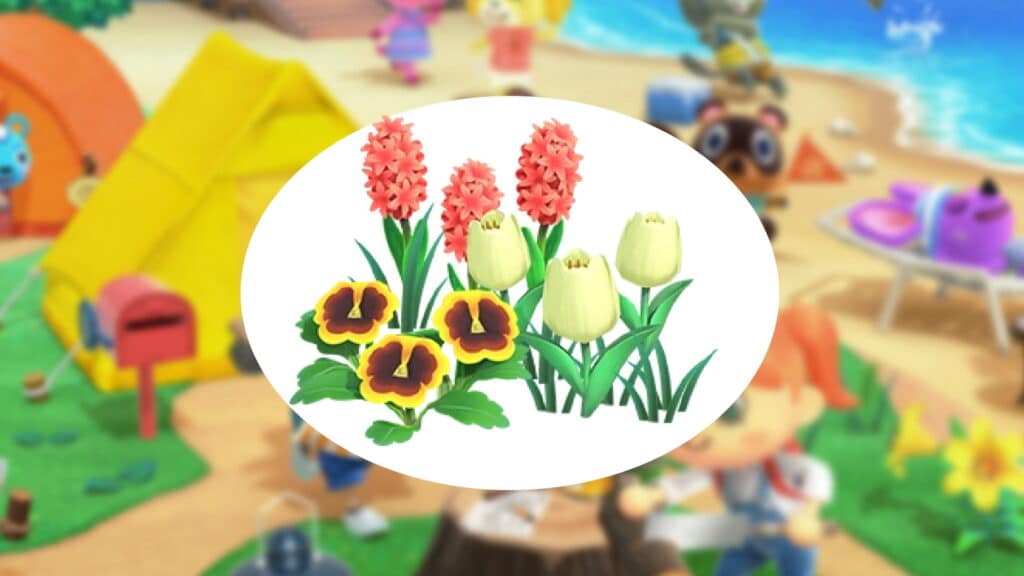 A digital graphic from the game Animal Crossing featuring illustrations of yellow and purple pansies and pink hyacinths overlaid on a blurred image of the game's island environment