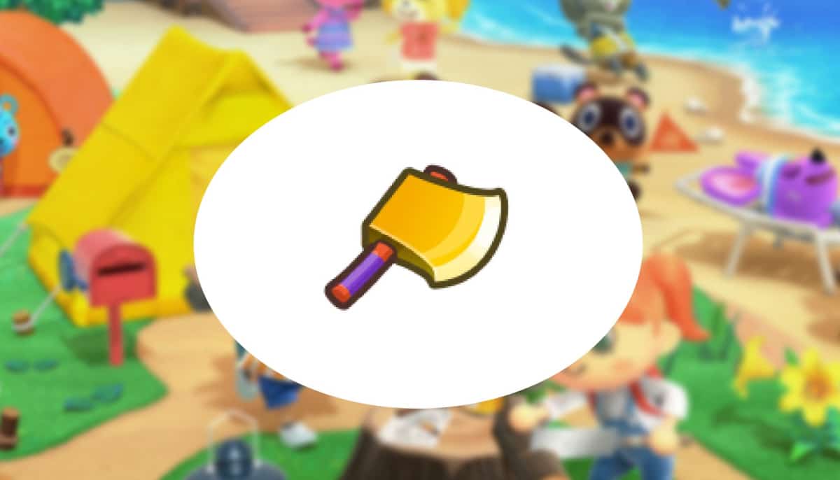 Golden Axe icon from Animal Crossing: New Horizons shown over a blurred island background