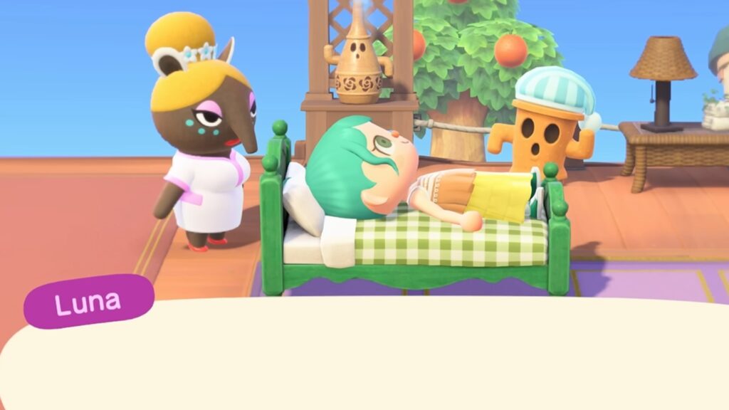 Animal Crossing New Horizons shows Luna standing beside a villager resting on a green bed during a dream sequence