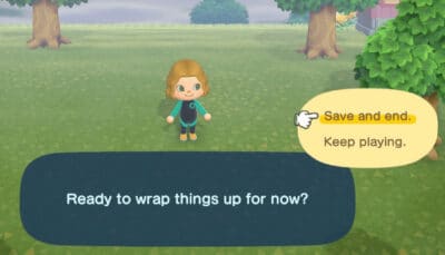 Animal Crossing New Horizons shows the save and end session menu with the player character standing outdoors