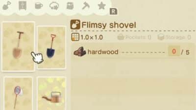 The crafting menu highlights the flimsy shovel recipe and required hardwood in Animal Crossing New Horizons
