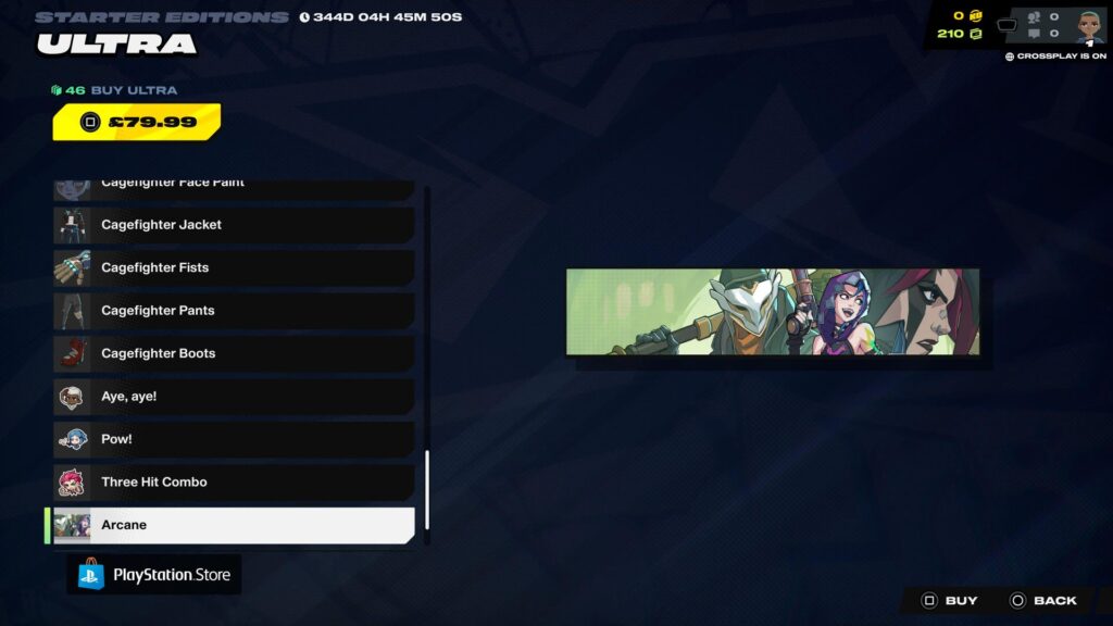 2XKOのコスメティックメニューに、複数のキャラクターが登場するアーケインをテーマにした広いバナーが表示される。