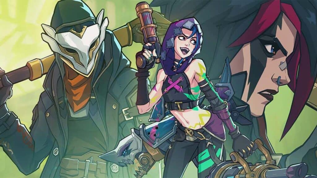 ジンクスはエコーとヴィの間に立ち、対照的な表情を強調するダイナミックなアーケインアートワークで描かれている。