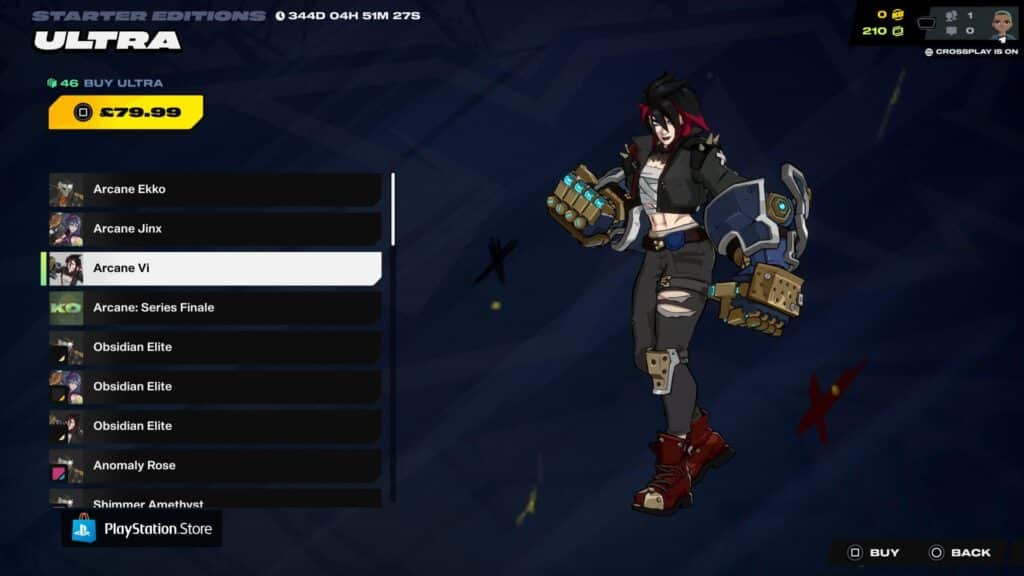 2XKOのキャラクター選択画面で、ArcaneのViが巨大なガントレットを装備して戦闘準備を整えている