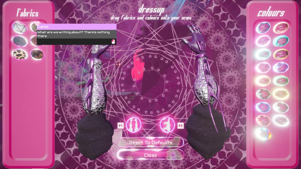 The dress up menu displays fabric and color options for robotic arms in Don’t Stop Girlypop