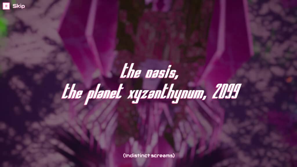 A cinematic text screen introduces the oasis on planet Xyzanthynum in Don’t Stop Girlypop