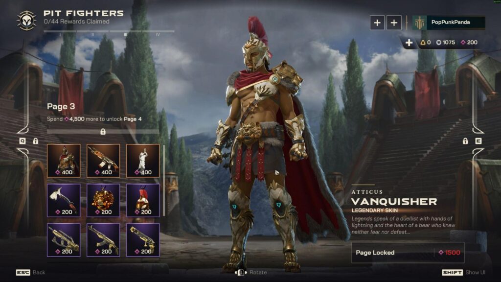 The Atticus Vanquisher legendary skin appears in Highguard Pit Fighters page three wearing golden armor in an arena
