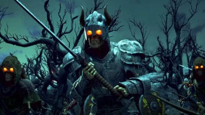 Armored undead warriors with glowing eyes advance through a dark twisted forest in Avowed