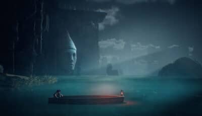 A lone character rows a small boat across dark waters beneath ancient stone faces in Ayasa Shadows of Silence