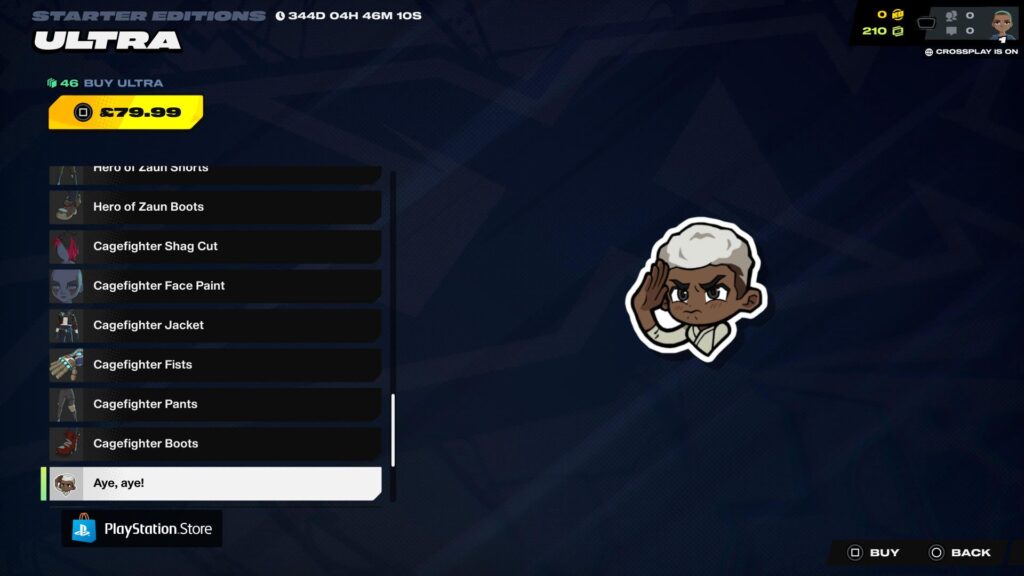 2XKOスターターエディションのメニューに表示されるAye Ayeエモートのプレビュー中に、ちびキャラクターが敬礼する