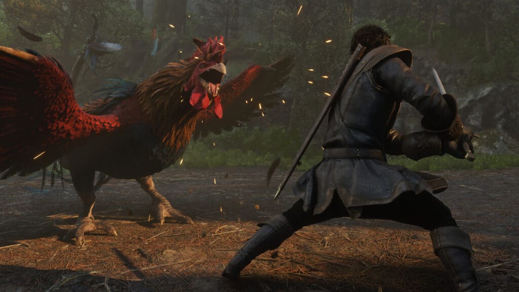 The hero in Fable prepares to fight a giant aggressive rooster in a forest clearing