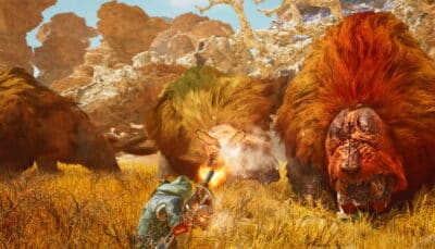 A lone hunter fires a weapon at enormous bear like monsters charging across a harsh Monster Hunter Wilds landscape