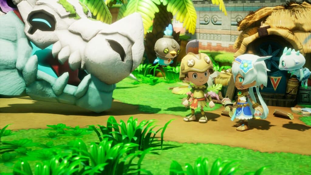 Young heroes stand near a giant skull creature in The Legend of Zelda Link’s Awakening, showing its colorful remake art style