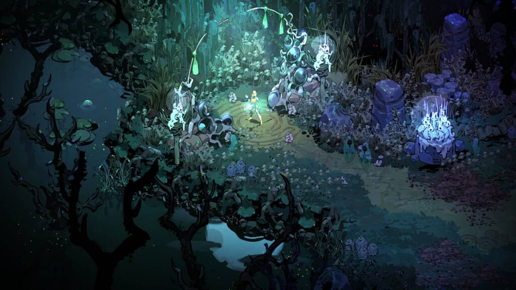 The protagonist faces enemies in a glowing forest chamber in Hades, highlighting the game’s atmospheric combat style