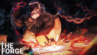 A powerful blacksmith strikes heated metal as sparks fly during forging in The Forge