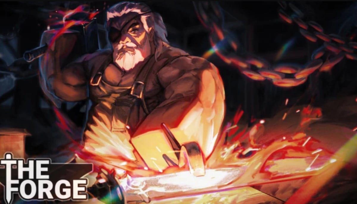 A powerful blacksmith strikes heated metal as sparks fly during forging in The Forge