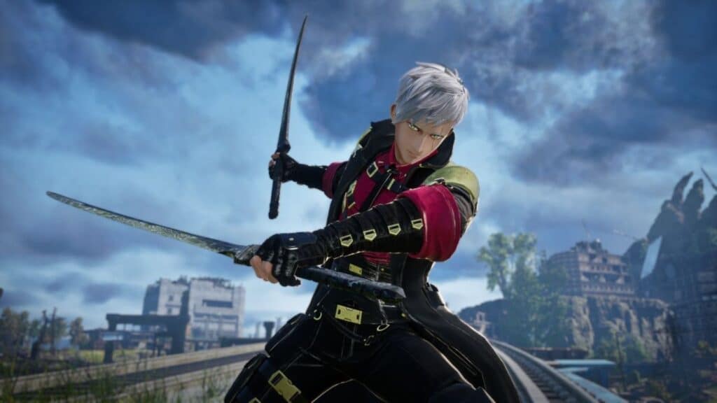 コードヴェイン2で銀髪の剣士が廃墟となった道路で攻撃の準備をしている