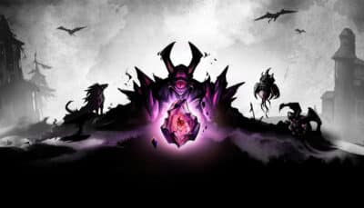 Dark fantasy scene from Blightstone showing a horned demon silhouette, a glowing purple crystal, and shadowy creatures in a ruined landscape