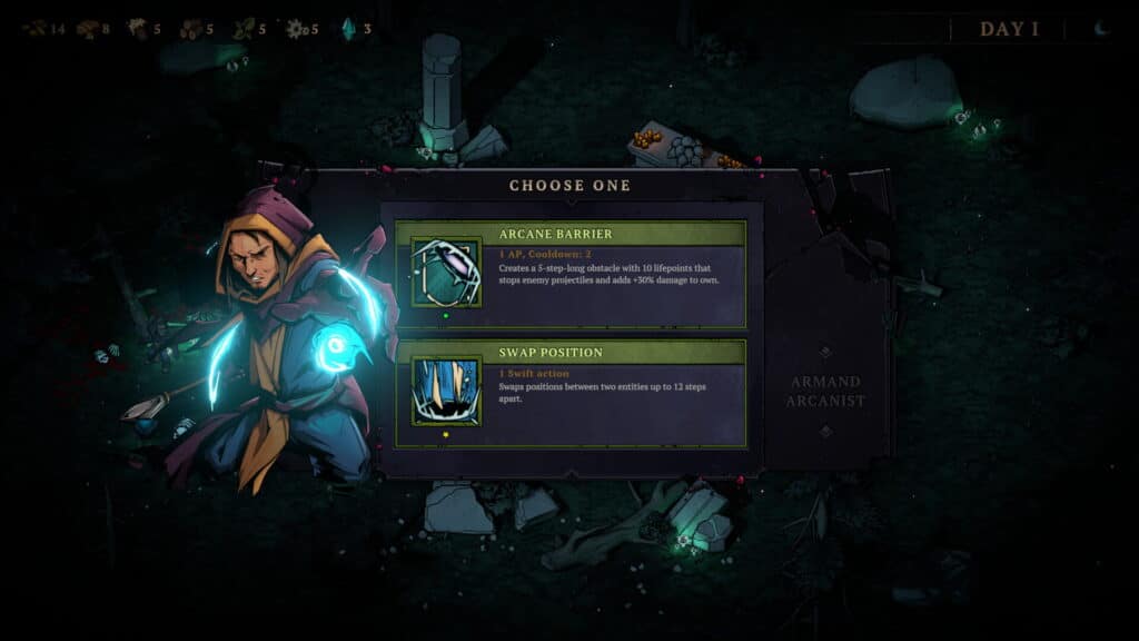 Blightstone gameplay showing a character ability choice screen