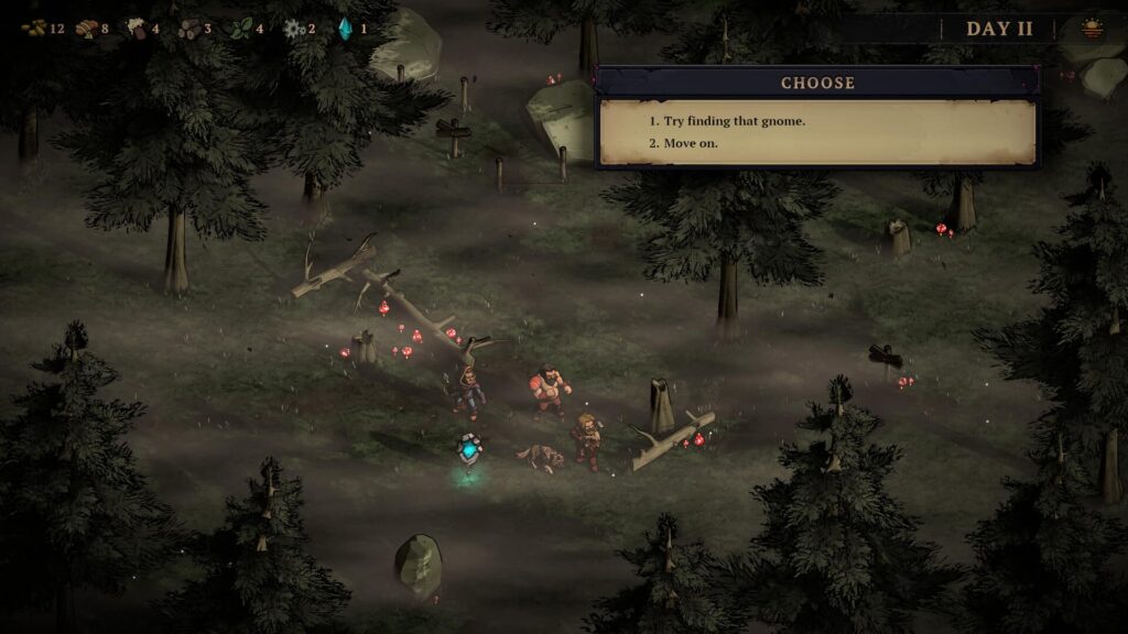 Blightstone gameplay showing a party exploring a foggy forest map with a choice event on Day II