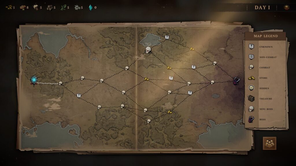 Blightstone world map showing branching paths, combat nodes, and boss encounters on Day I