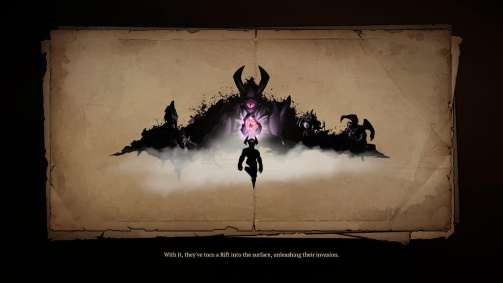 Blightstone story scene with a hero facing a horned demon and the glowing Earthglass Crystal