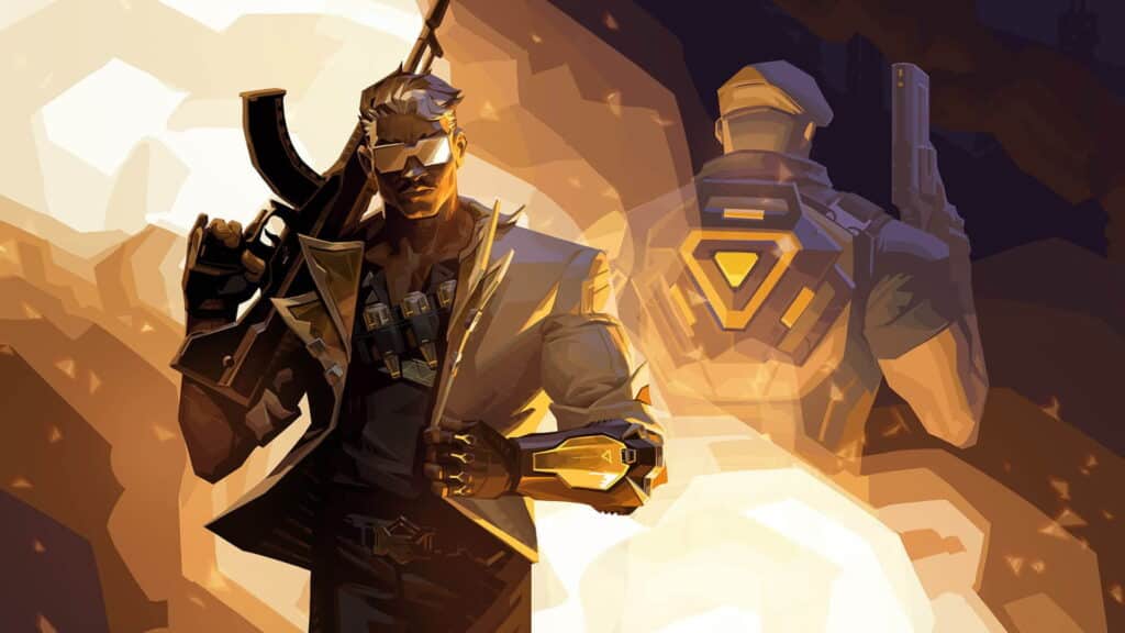 VALORANT の Brimstone がライフルを手に持ち、彼の鎧と戦術装備に暖かい光が反射しています。