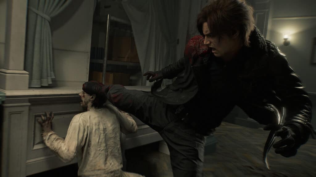 A survivor delivers a powerful kick to an infected enemy inside a dimly lit building in Resident Evil Requiem
