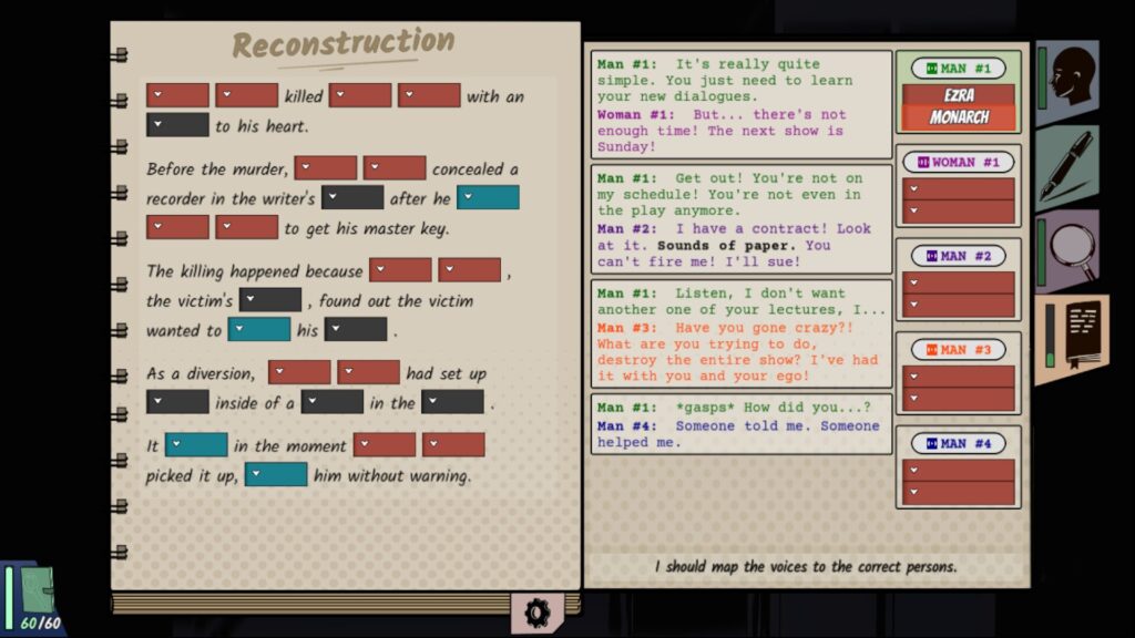 Reconstruction screen showing clue placement and dialogue analysis in Confidential Killings