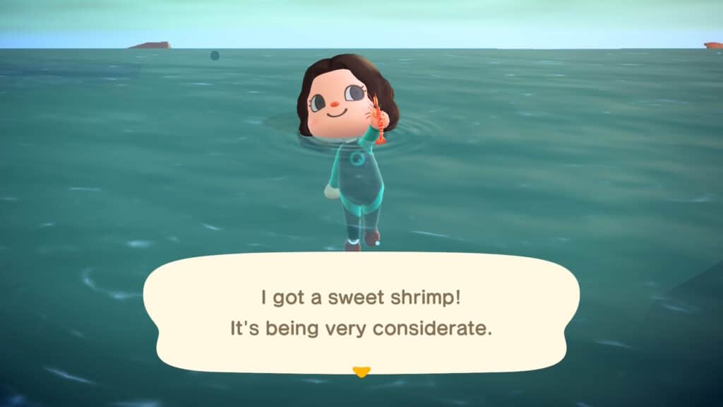 В игре Animal Crossing New Horizons житель деревни выныривает из воды с креветкой в ​​руках после удачного погружения.