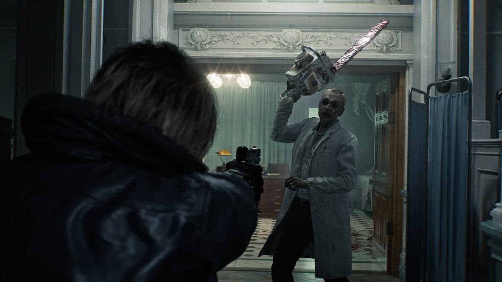 A hostile figure raises a chainsaw while facing an armed character inside an old medical room in Resident Evil Requiem