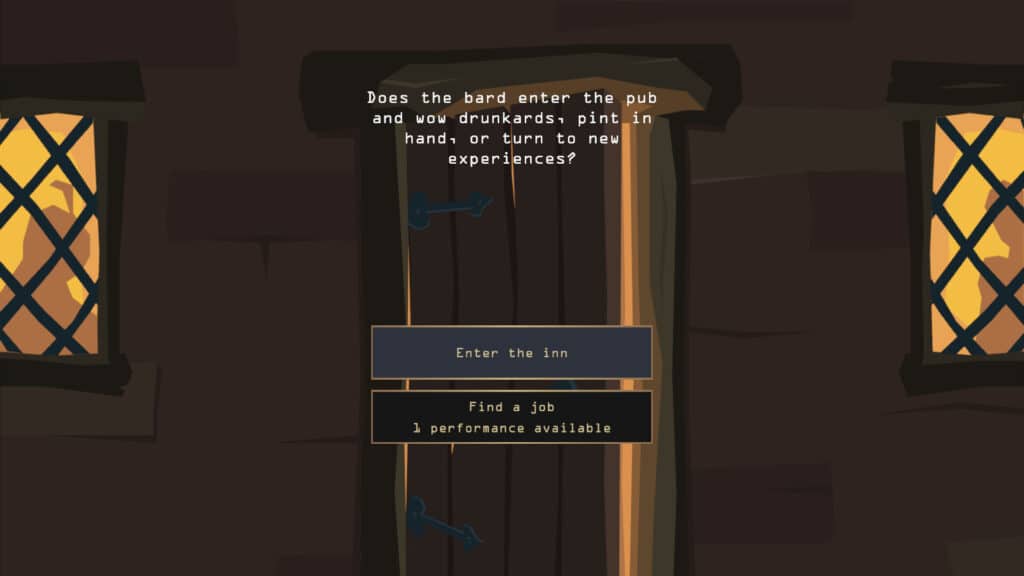 A decision screen in Reigns The Witcher asks whether the bard should enter the inn or look for work