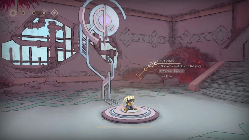 A small character stands on a glowing platform near the city gates in MIO Memories in Orbit