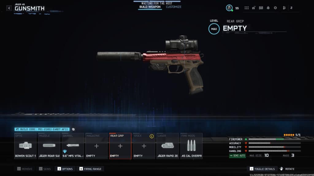 Пистолет Jager 45 с глушителем и оптическим прицелом отображается в меню «Оружейная мастерская» в CoD Black Ops 7.