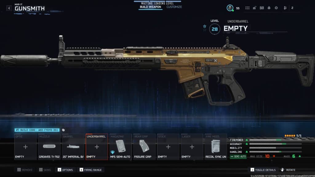 В Call of Duty Black Ops 7 винтовка MXR 17 отображается на экране оружейной мастерской с выделенным слотом под стволом.