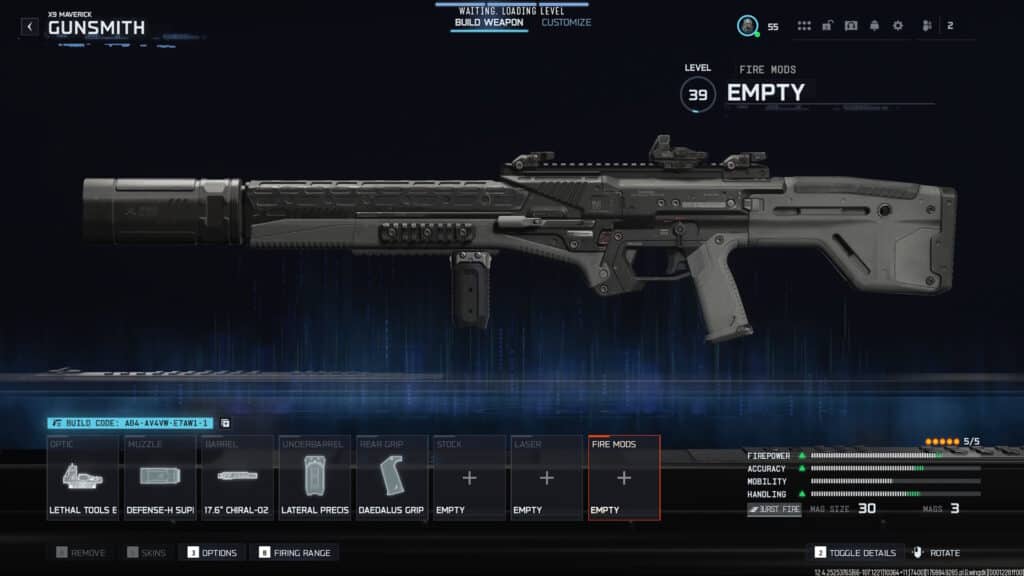 Винтовка X9 Maverick, показанная в меню «Оружейная мастерская» с настройками режимов стрельбы в CoD Black Ops 7.