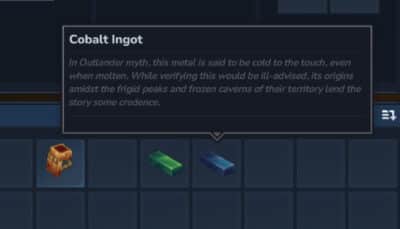 The Hytale inventory displays a cobalt ingot with a lore description explaining its cold mythical origins