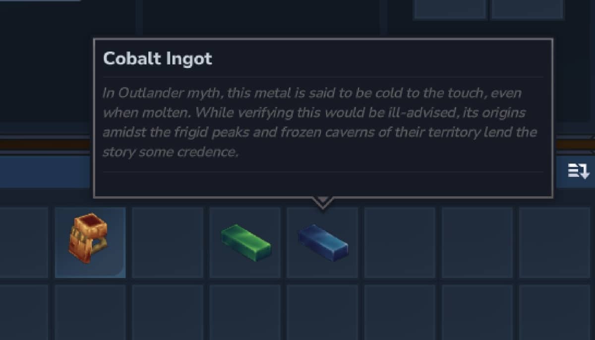 The Hytale inventory displays a cobalt ingot with a lore description explaining its cold mythical origins