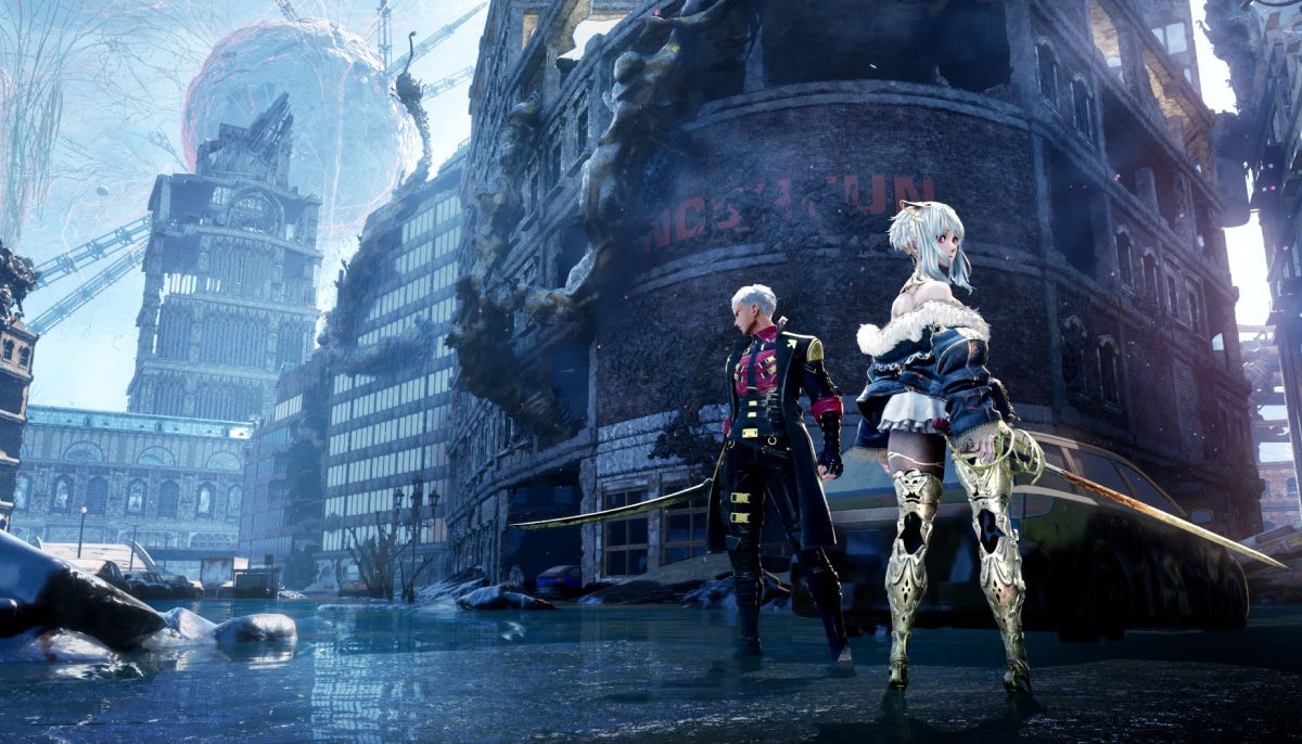 Two characters survey a flooded ruined city beneath a strange sky in Code Vein 2