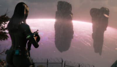 A lone woman in Code Violet observes floating monoliths above a glowing horizon while holding her weapon