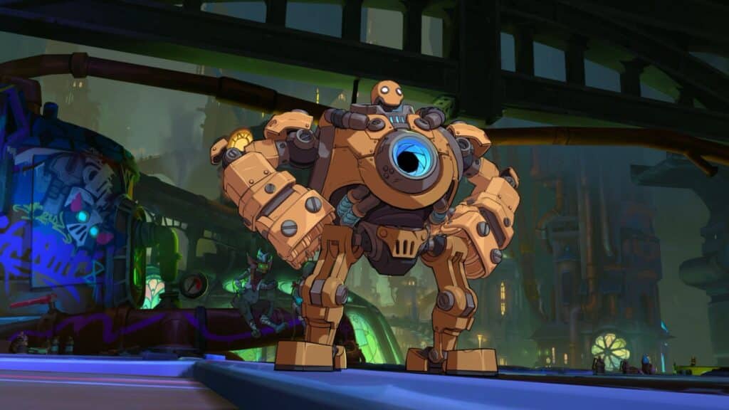 2XKOでは、巨大な機械戦闘機が広大なスチームパンク都市の中に待機している。