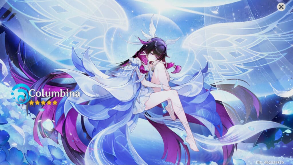 Коломбина изображена на элегантной иллюстрации в небесной тематике, наполненной струящимися тканями и сияющим светом, в игре Genshin Impact.