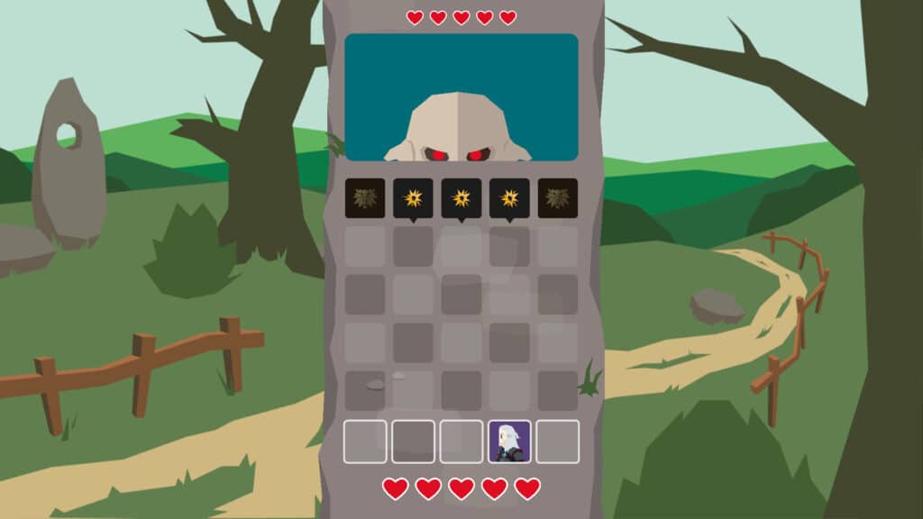 A battle interface in Reigns The Witcher shows a monster face above cards and health hearts