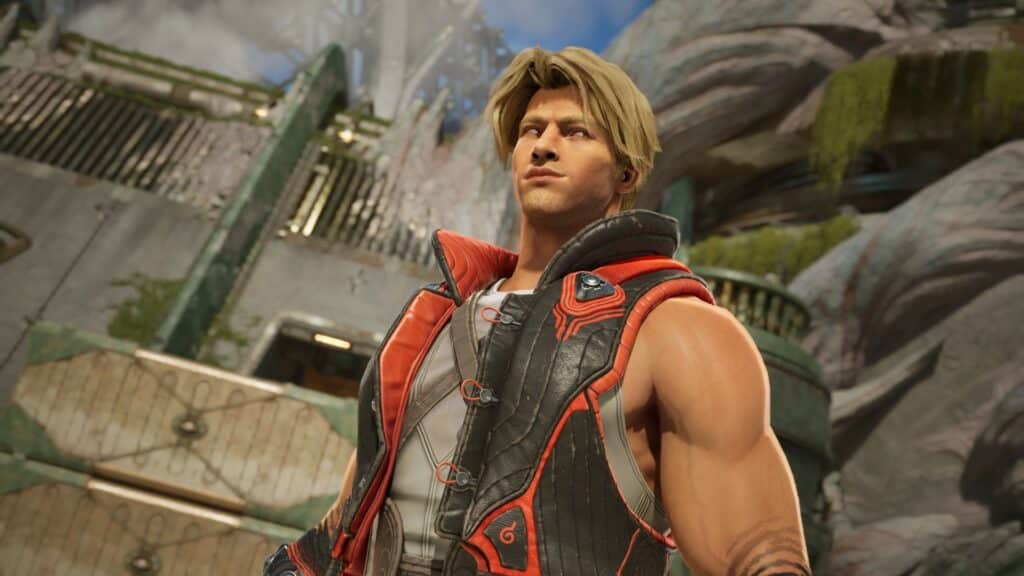 A blond warrior stands alert among massive stone structures in Highguard