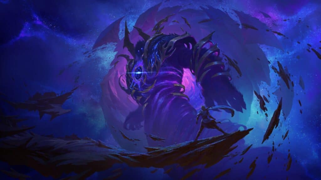 孤独な英雄が、ワールド・オブ・ウォークラフトで虚空のエネルギーが渦巻く巨大な宇宙的存在に立ち向かう