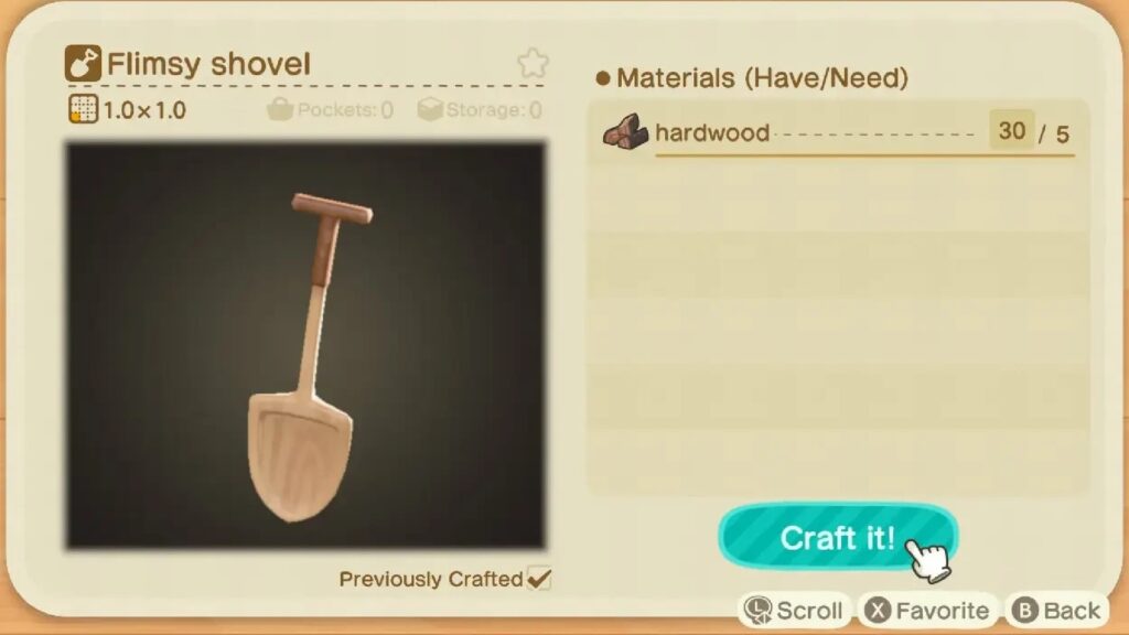 The flimsy shovel crafting screen shows enough hardwood to complete the tool in Animal Crossing New Horizons